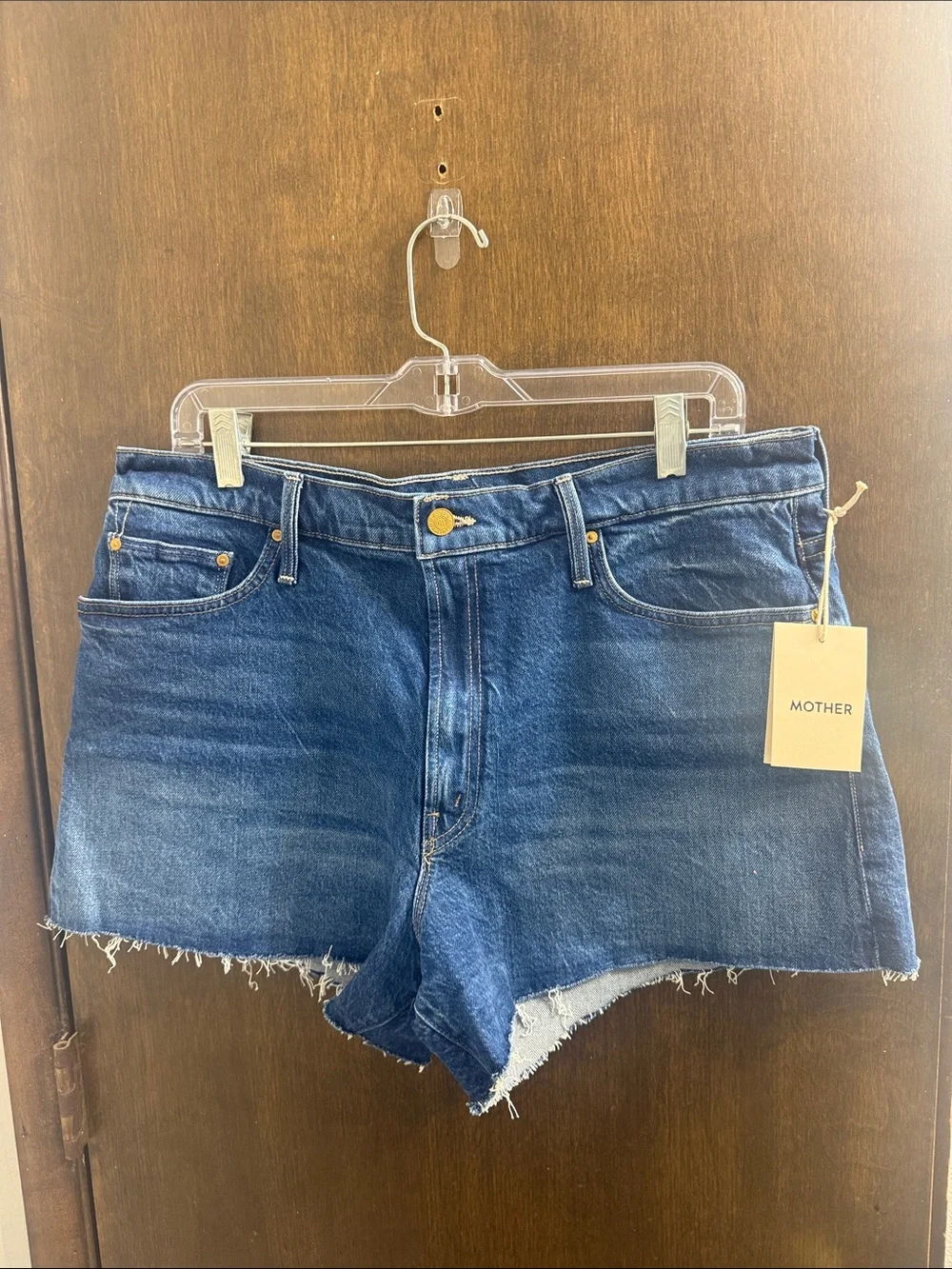 MOTHER Dark Blue High-Rise Raw Hem Denim Shorts